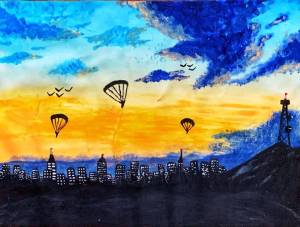 An acrylic painting of parachutes silhouetted against the sunset, with a city skyline down below.